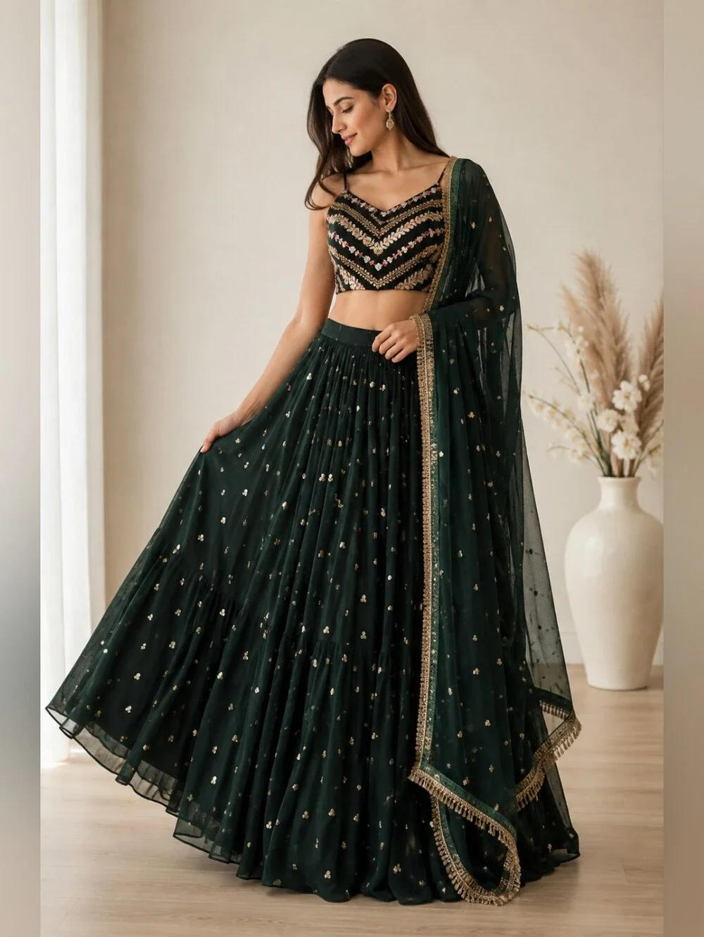 Green Embroidered Lehenga Choli Set with Dupatta | US 6
